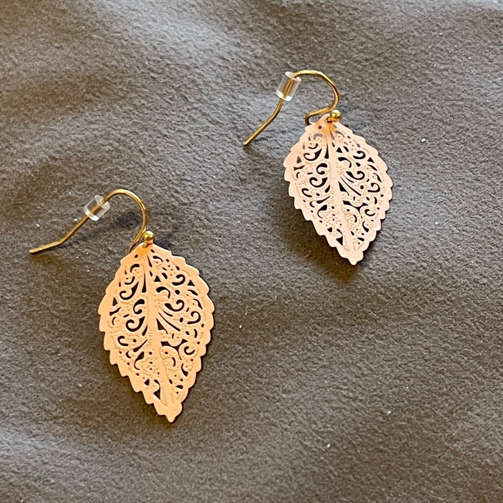Pastel Pink Filigree Leaf Earrings